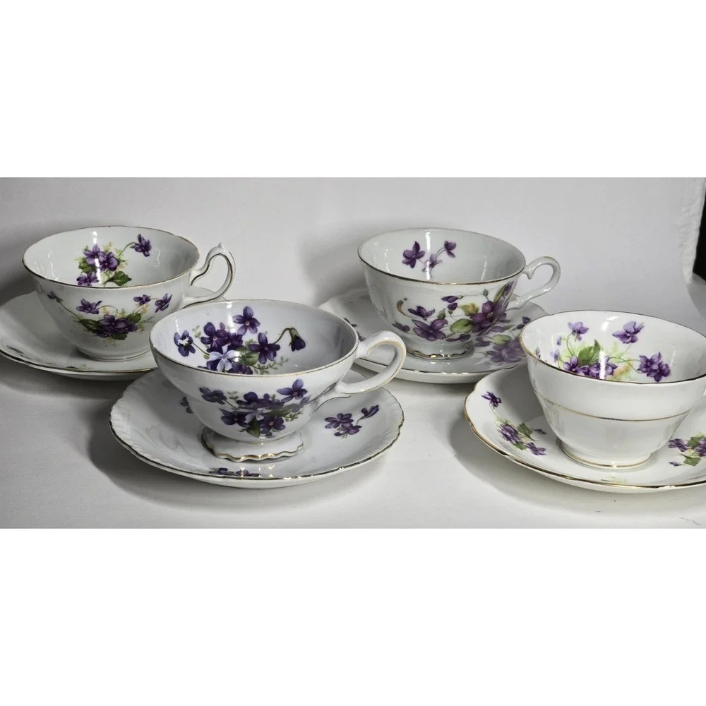 Vintage Purple Violet Teacup Saucer Lot 4 Mismatched Bone China Floral AS IS